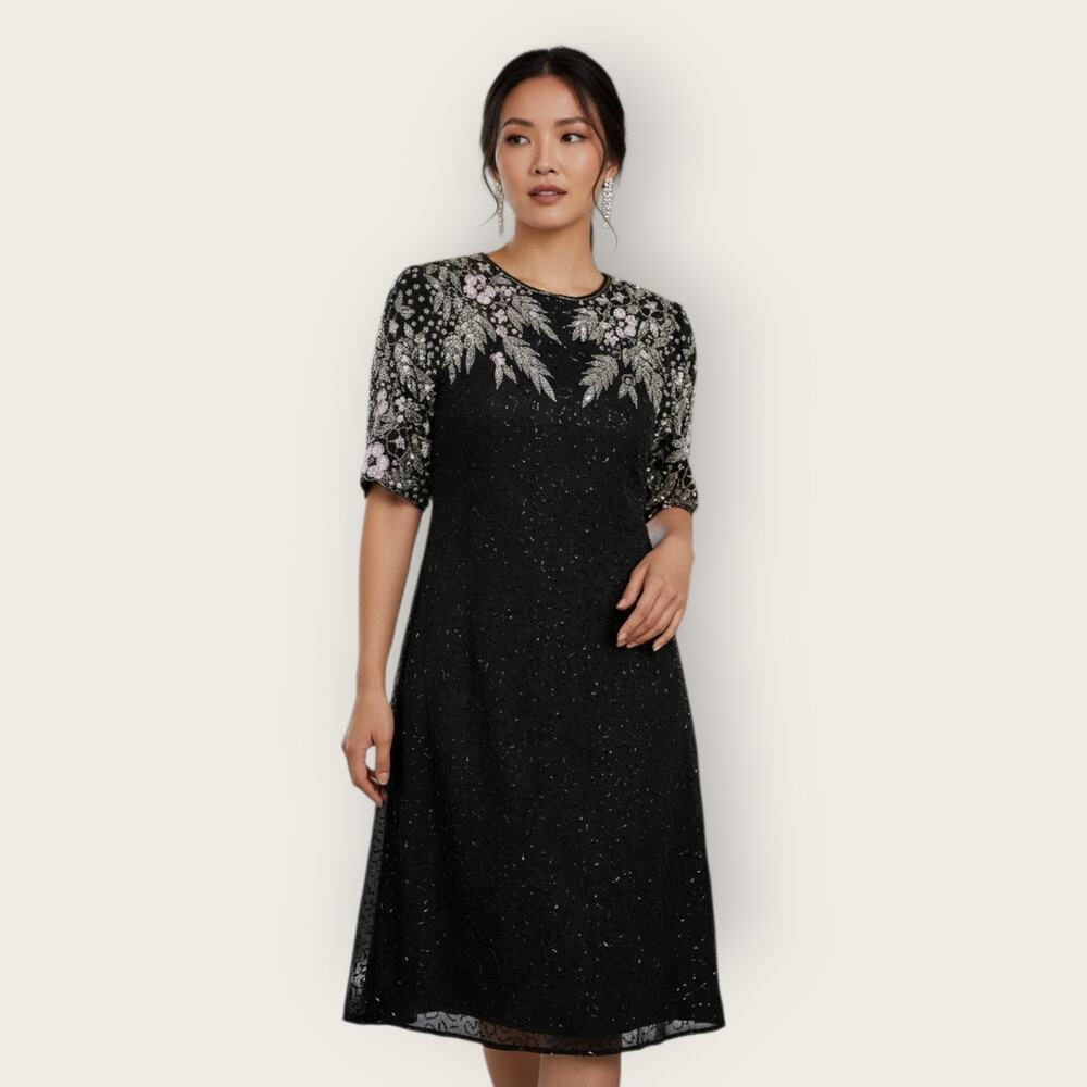 Vintage 90s Eve’s Allure Royal Black Full Beaded Dress Silk Cocktail Dress Small